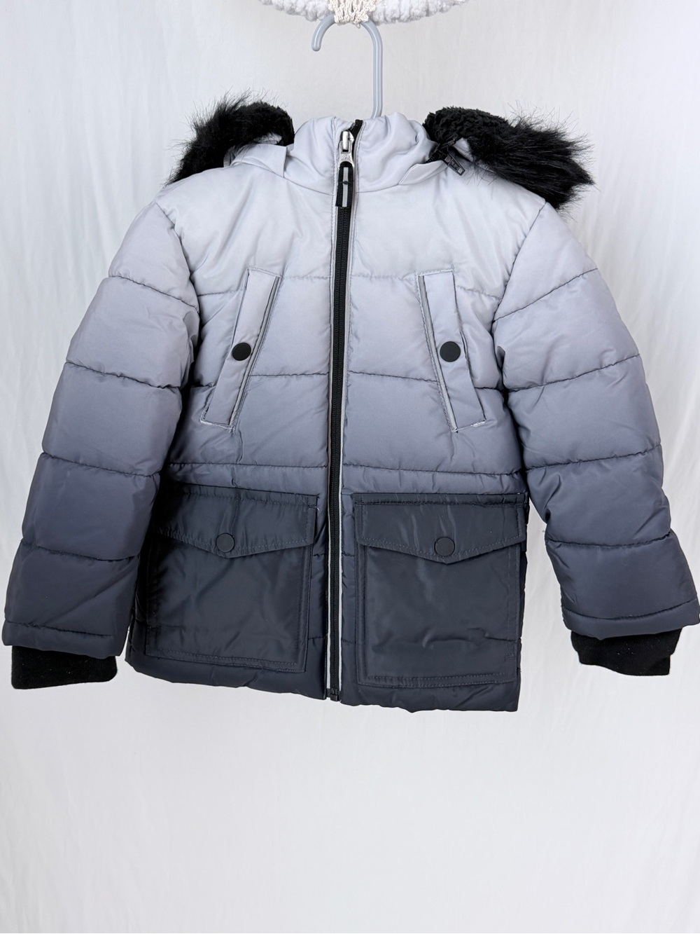 Kids Ombre Gray Hooded Puffer Coat with Faux Fur Trim